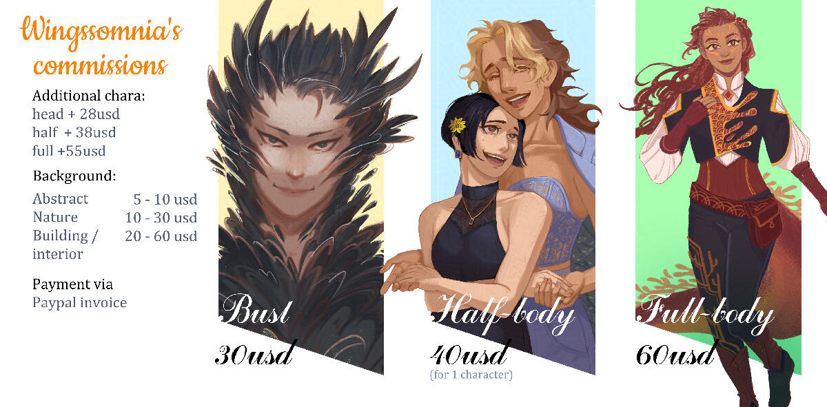 Bust - 35$; Half-body - 45$; Full-body - 65$. Additional character +80% of price. BG: abstract 5 - 10 usd; nature 10 - 30 usd; building/ interior 20 - 60 usd. Payment via Buy me a coffee.